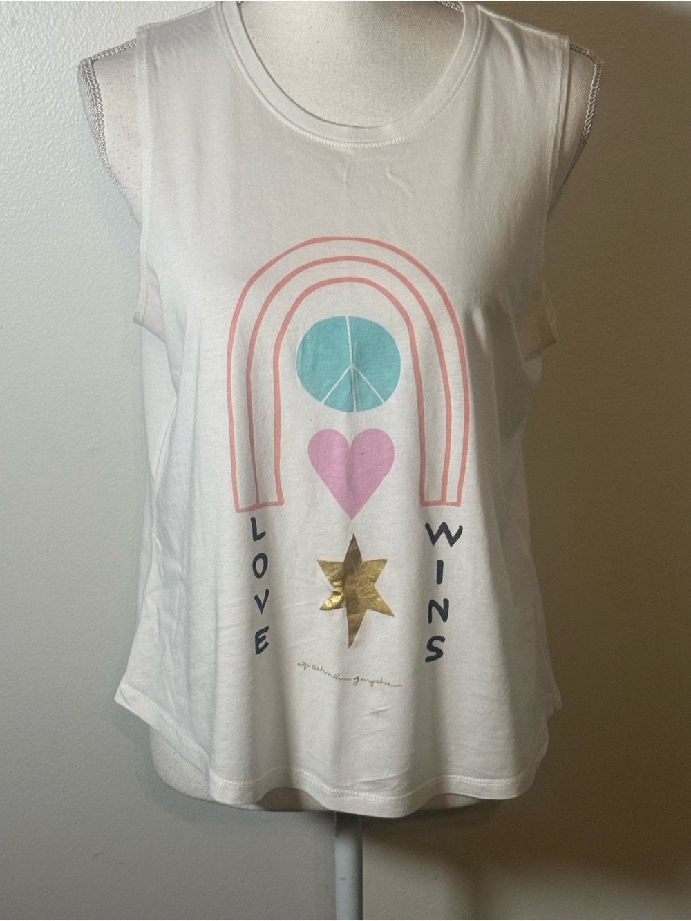 Women's White Graphic Tank Top with Pastel Rainbow and Gold Star